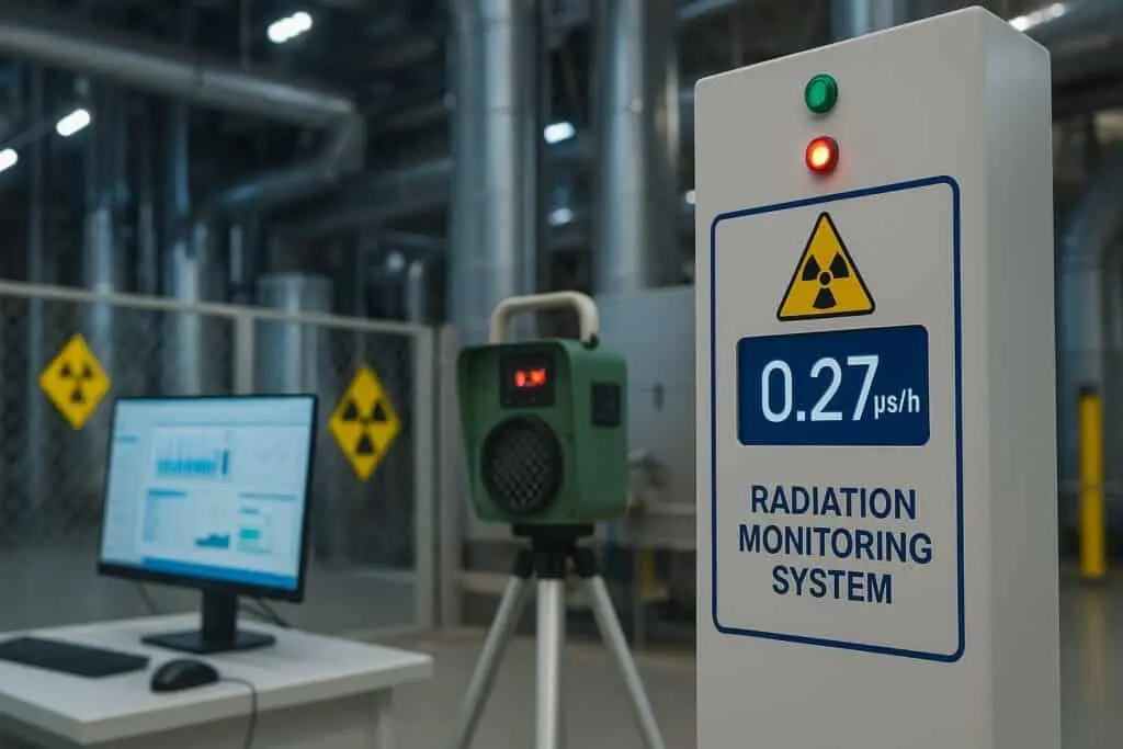 Radiation monitoring system displaying 0.27 μs/h in an industrial setting.